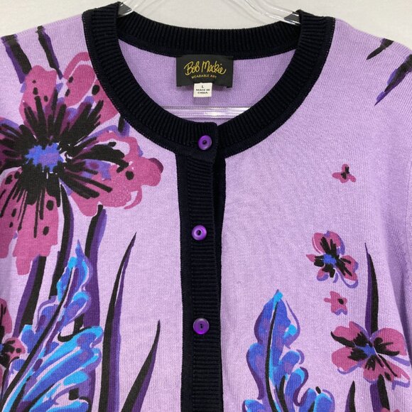 Bob Mackie Large Purple Blue Floral Artsy 3/4 Sleeve Button Cardigan Preppy - Picture 3 of 9